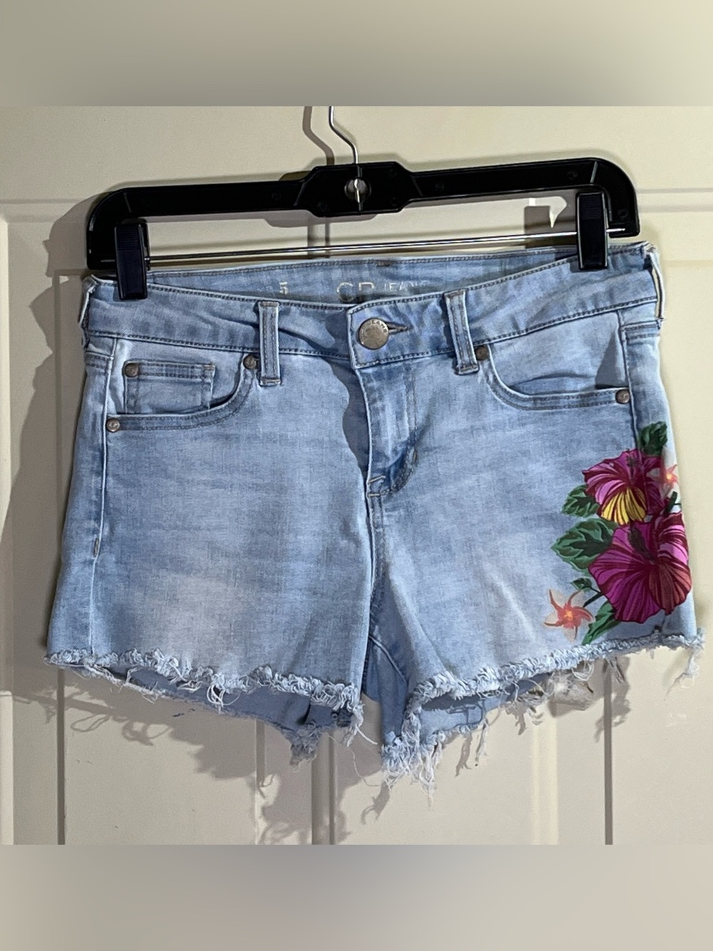 Celebrity Pink Light Wash Denim Shorts with Pink & Green Floral Patch